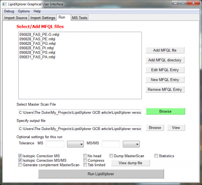 LipidXplorer Run panel