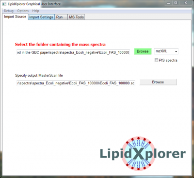 LipidXplorer Import Source panel